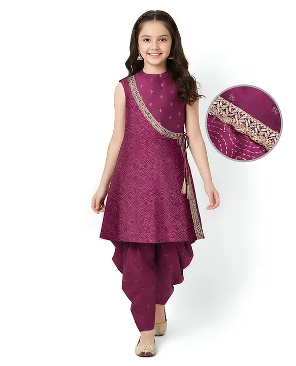Pine Kids Woven Sleeveless Indo Western Set with Embroidery & Lace Detailing - Wine